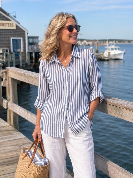 Lola River Tops - Lola River XL Blue White Linen Lyocell Striped Button Down Roll Tab Shirt